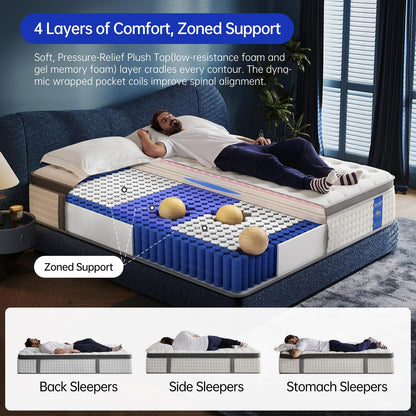 Quueen Size Mattress,14 Inch Queen Mattress in a Box,Superior Hybrid Mattress with Gel Memory Foam or Lumbar Support ,100 Night Trial,Maximum Support,Pressure Relief,Zoned Support spring, Medium Firm