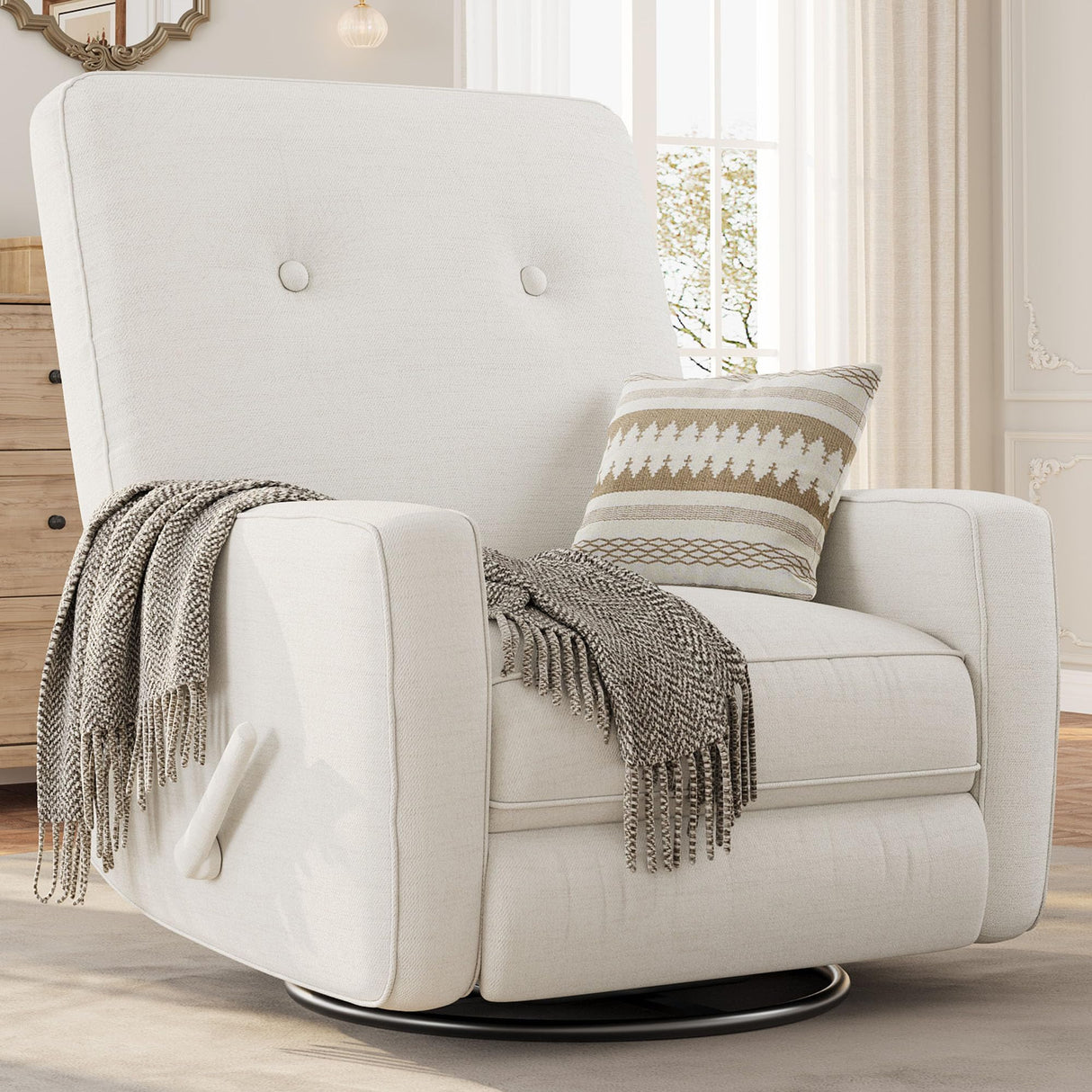 Garvee Nursery Recliner Chair, 360° Swivel Rocking Glider Chair for Adults with Adjustable Backrest & Footrest, Cozy Linen Upholstered Armchair for Living Rooms, Bedrooms, Apartments, Beige Garvee