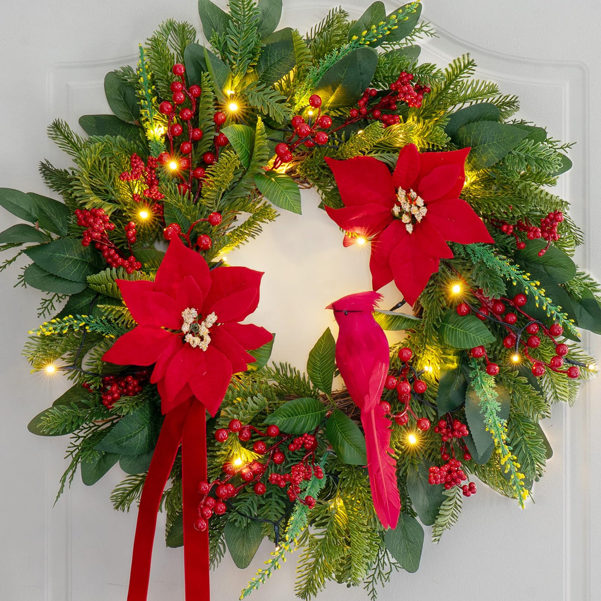 Pinkpuii Pre-Lit Christmas Wreaths for Front Door 24 Inch Christmas Wreath with Lights,Large Winter Wreath with Cardinal Birds,Poinsettia,Green Evergreen Pine Needles Red Berries Holiday Wreath Decor Pinkpuii