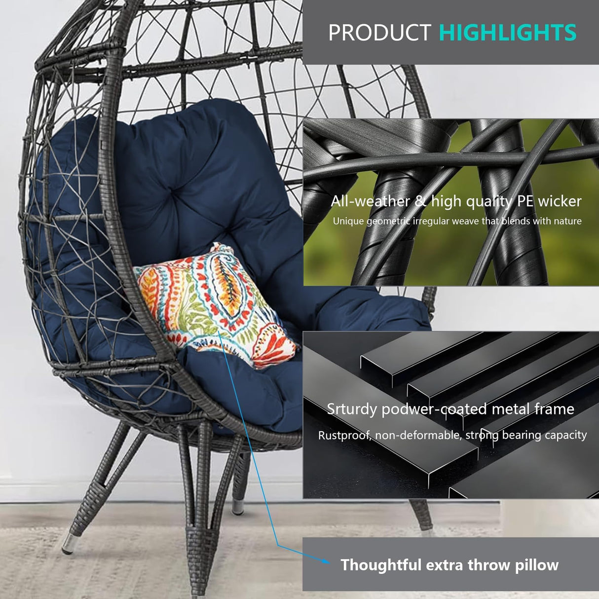 HLNPTN Patio Egg Chair Wicker Outdoor Egg Basket Chairs, Oversized Outdoor Furniture PE Rattan Patio Lounge Chair 440lb Capacity Sofa Seat with Stand & Gray Cushions for Indoor, Living Room, Backyard HLNPTN