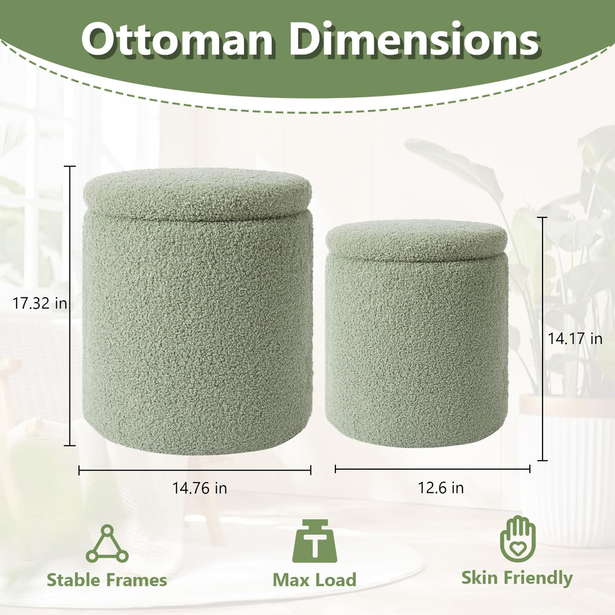 Royal Windsor Boucle Round Ottoman with Storage Set of 2,Small Foot Stool Ottoman for Living Room, Ottoman Coffee Table,Vanity Stool with Storage for Bedroom, Green Royal Windsor