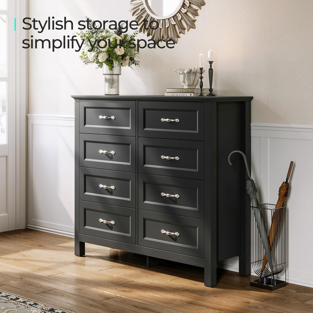 LINSY HOME 8 Drawers Dresser for Bedroom, Black Wood Dresser with Metal Handle, Farmhouse Tall Chest of Drawers with 1 pcs Fabric Divider Organizer, Storage Organizer for Living Room, Closet, Hallway LINSY HOME