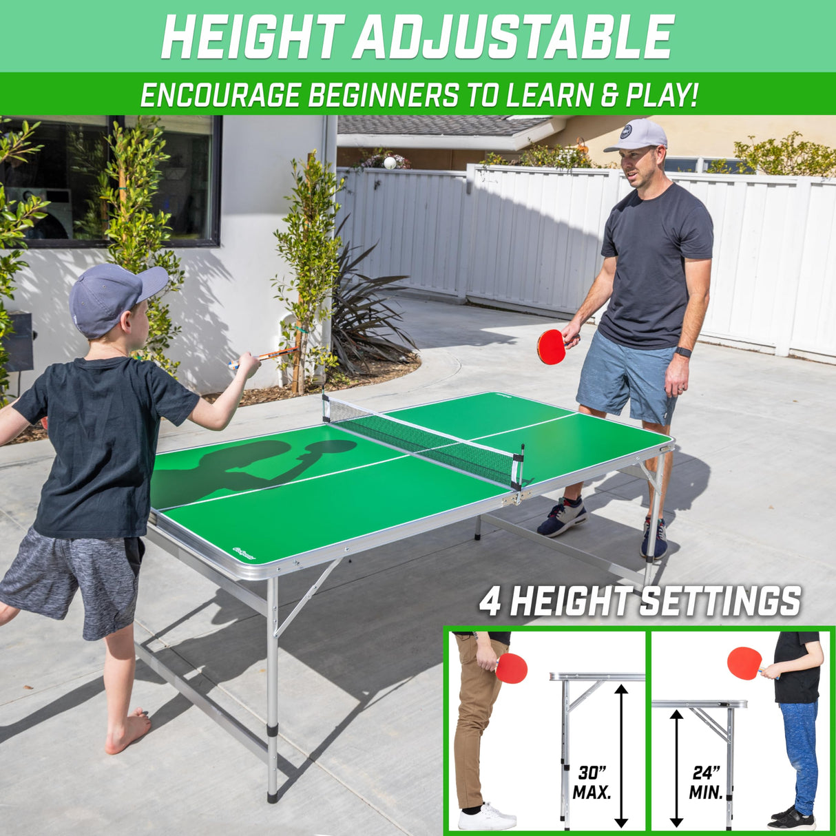 GoSports 6 x 3 ft Mid-Size Table Tennis Table Set with Adjustable Height - Green GoSports