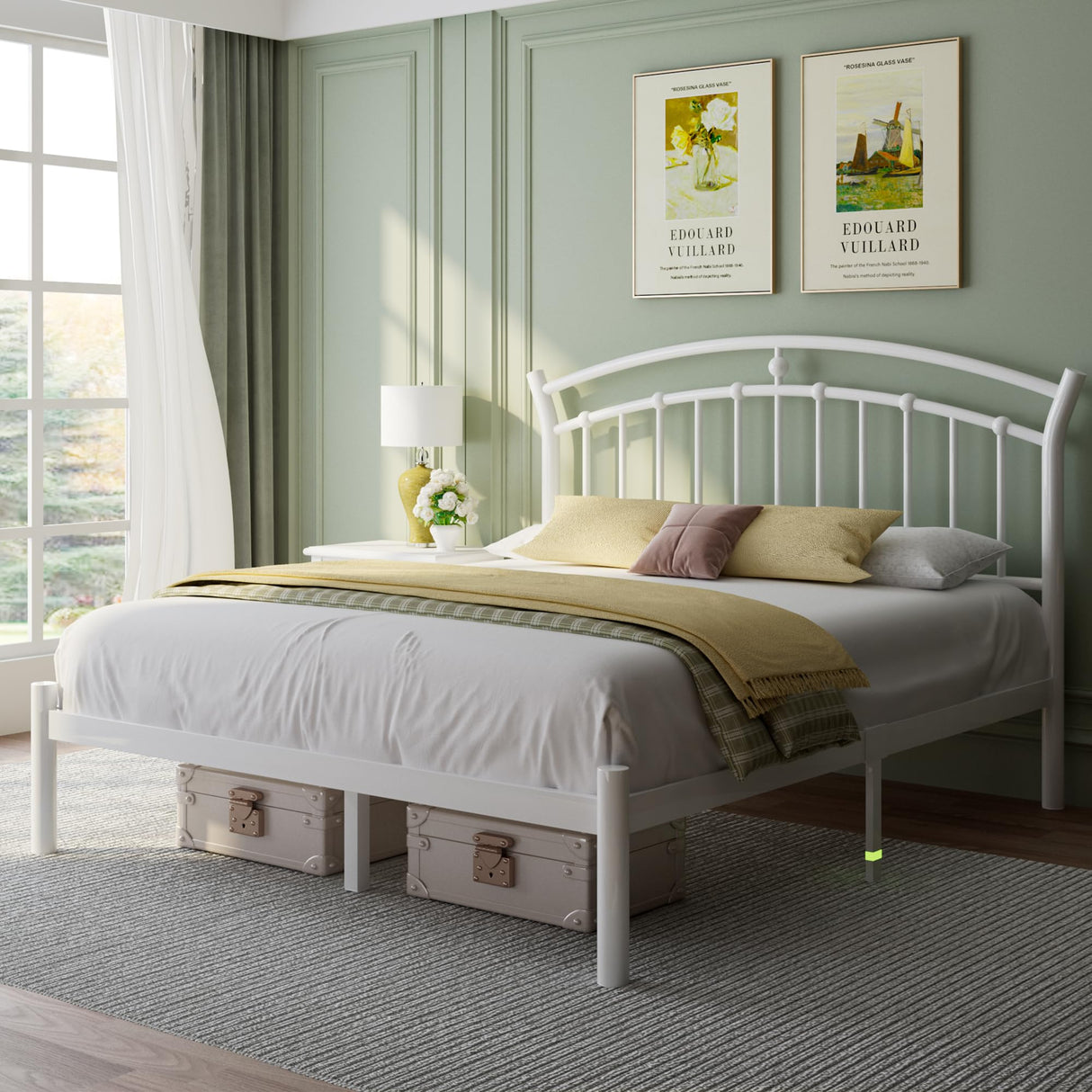 Feonase Queen Size Metal Bed Frame with Retro Headboard, Hardened Steel Tube, 12" Under-Bed Storage, No Box Spring Needed, Easy Assembly, White Feonase