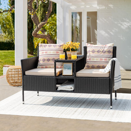 Devoko Outdoor Patio Loveseat Modern Rattan 2-Seat Patio Conversation Set with Cushions & Built-in Coffee Table Porch Furniture for Garden Lawn Backyard (Beige) Devoko
