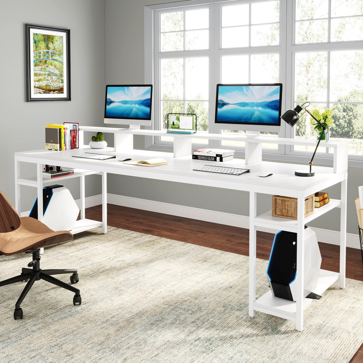 Tribesigns Two Person Desk with Monitor Stand, 78.74" Long Double Computer Office Desk with Storage Shelves, Large Gaming Desk Study Writing Table Workstation for Home Office (White) Tribesigns