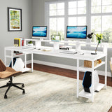Tribesigns Two Person Desk with Monitor Stand, 78.74" Long Double Computer Office Desk with Storage Shelves, Large Gaming Desk Study Writing Table Workstation for Home Office (White) Tribesigns