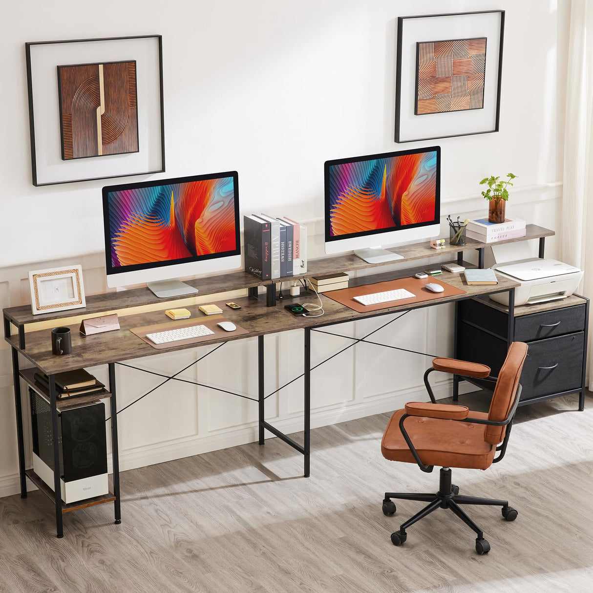 Mericonia L Shaped Gaming Desk, 66 inch Corner Computer Desk with File Drawer, Gaming Table with Led Lights, Workstation with Monitor Shelf, Printer Storage Shelves, Two Person Table, Grey Mericonia