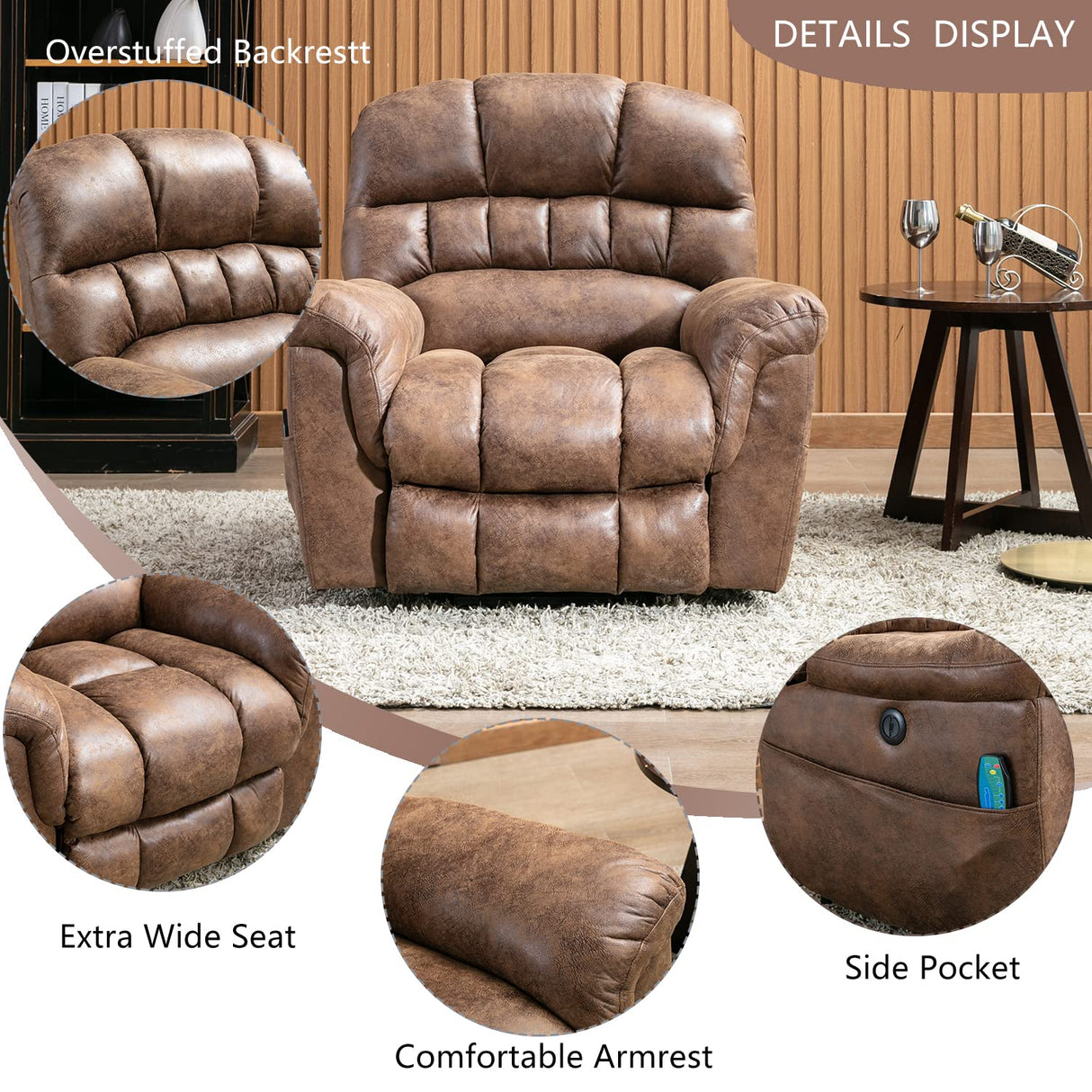 CANMOV Large Power Lift Recliner Chairs with Massage and Heat for Elderly Big People, Heavy Duty Electric Faux Leather Reclining Chairs with USB Port and 2 Side Pockets, Brown CANMOV