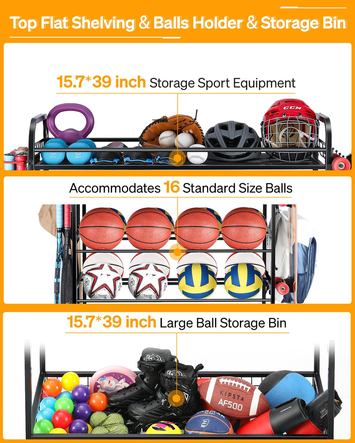 EXTCCT Garage Sports Equipment Organizer - Rolling Ball Storage Bin with Wheels, Garage Sports Gear Rack Outdoor Basketball Racks for Balls with Baseball Bat Holder and Hooks, Toy Organizer EXTCCT