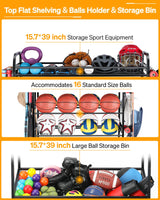 EXTCCT Garage Sports Equipment Organizer - Rolling Ball Storage Bin with Wheels, Garage Sports Gear Rack Outdoor Basketball Racks for Balls with Baseball Bat Holder and Hooks, Toy Organizer EXTCCT