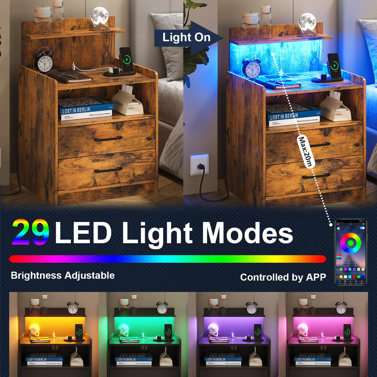 LED Nightstand with Charging Station, Night Stand with 2 Drawers and Open Storage, Bedside Table with LED Lights, Modern End Table with USB Ports Outlets, Rustic Brown Diliplain