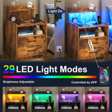 LED Nightstand with Charging Station, Night Stand with 2 Drawers and Open Storage, Bedside Table with LED Lights, Modern End Table with USB Ports Outlets, Rustic Brown Diliplain