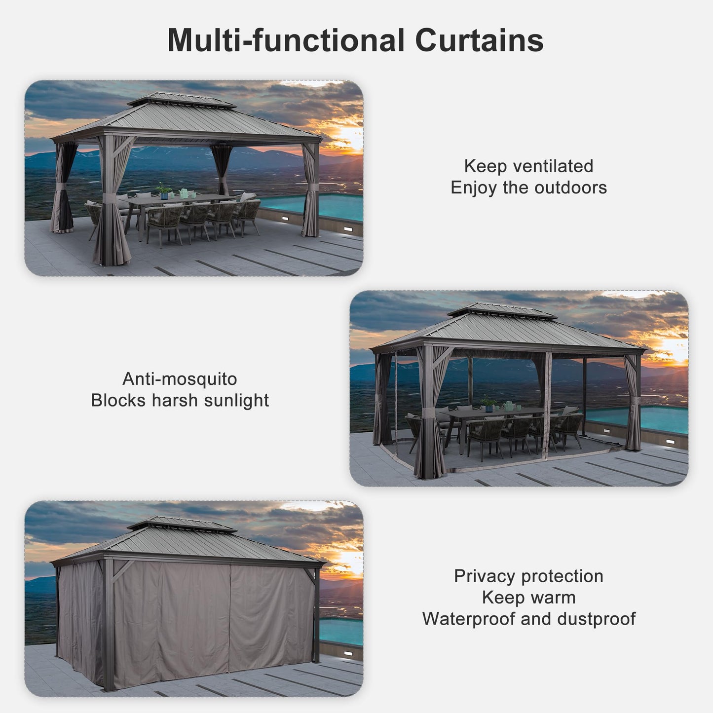 PURPLE LEAF 12' X 16' Permanent Hardtop Gazebo Aluminum Gazebo with Galvanized Steel Double Roof for Patio Lawn and Garden, Curtains and Netting Included, Grey - WoodArtSupply