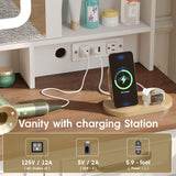 Farmhouse Makeup Vanity Desk with Sliding Mirror and Lights and Charging Station, White Vanity with Shelves and Drawers and Storage Cabinet, Make Up Vanity Desk with Cushioned Stool for Bedroom Befrases