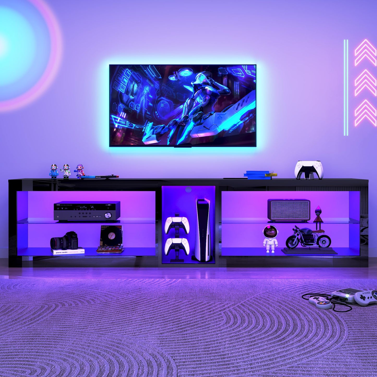 81in Long LED TV Stands W/Power Outlet for 70 80 85 90Inch TV,Black Entertainment Center W/70000-Colors Lights,High Gloss LED TV Console w/Adjustable Glass Shelves for Living Room Gameroom