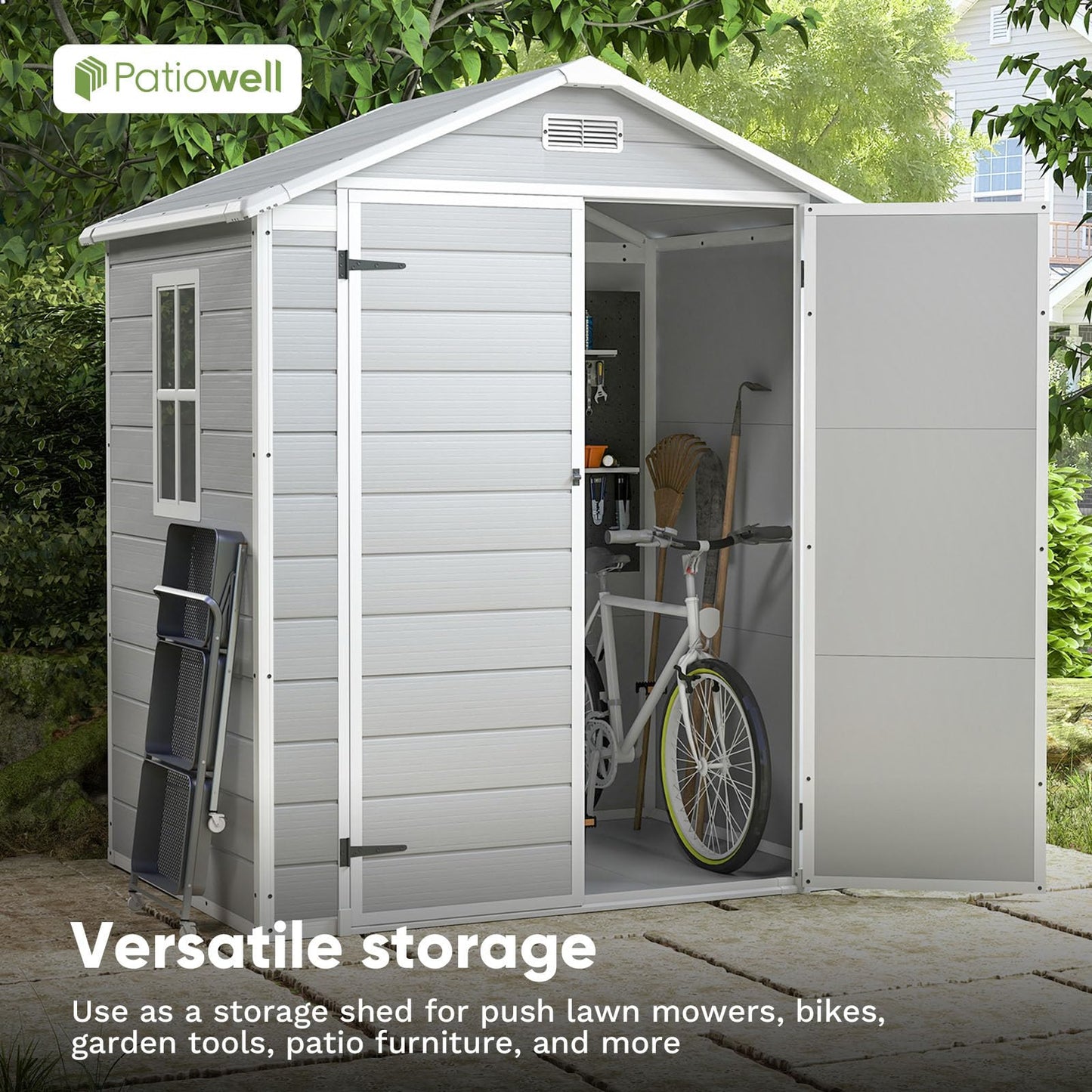 Patiowell 6x4 FT Plastic Outdoor Storage Shed-Perfect to Store Patio Furniture, GardenTools Bike Accessories, Beach Chairs and Lawn Mower, White & Grey - WoodArtSupply