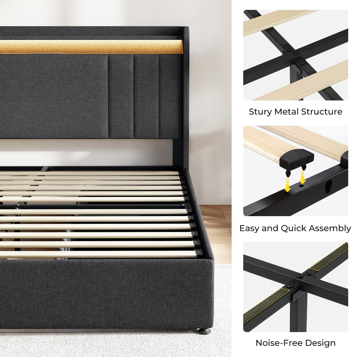 koorlian Queen Size Upholstered Bed Frame with 4 Storage Drawers and 51'' Tall Headboard Wingback Platform Bed Frames with RGB LED & USB Charging, 3 Adjustable Height, Noise-Free/Metal Support, Grey koorlian