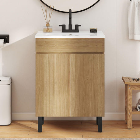 YITAHOME 24 Inch Bathroom Vanity with Sink, Bathroom Cabinet Vanity for Small Space, Freestanding Storage Bathroom Vanity with 2 Soft Closing Cabinets, Natural Brown YITAHOME
