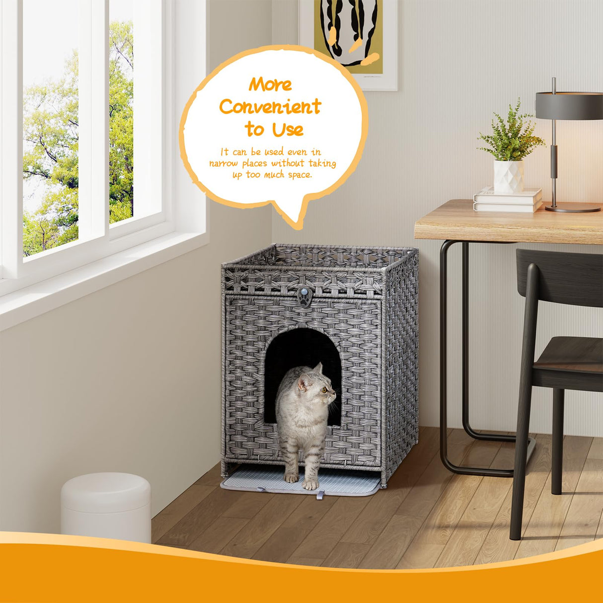 Snughome Cat Litter Box Enclosure with Cat Litter Mat, Hidden Cat Washroom Furniture with Door, Handwoven Rattan Cat Washroom Box, Indoor Pet House Storage for Living Room, Bedroom, Balcony (Grey) Snughome