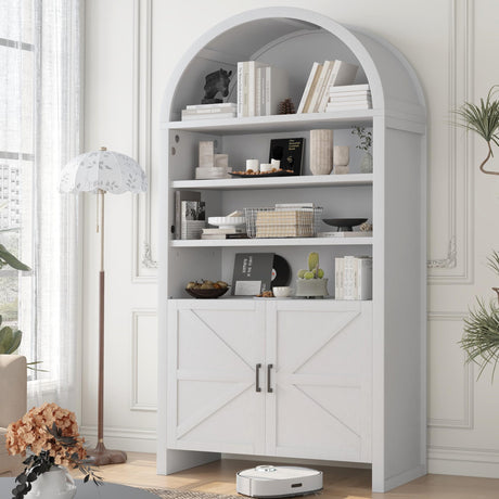 TIMWNER 71” Arched Bookshelves, Tall Wood Bookcase with Lower Cabinet, Modern Pantry Storage Cabinet Bookshelf for Kitchen, Living Room,Office,White TIMWNER