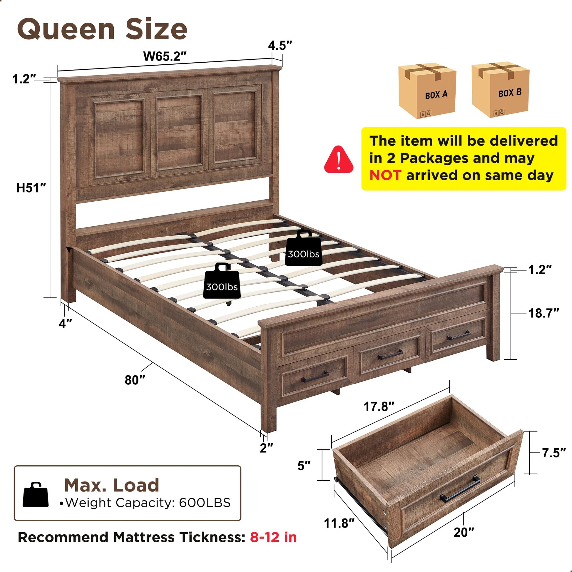 ACCOHOHO Farmhouse Queen Size Bed Frame with 52" Tall Full-Panel Headboard, Wood Platform Bedframe with Footboard and Storage Drawers, No Squeak, No Box Spring Needed, Light Brown - WoodArtSupply