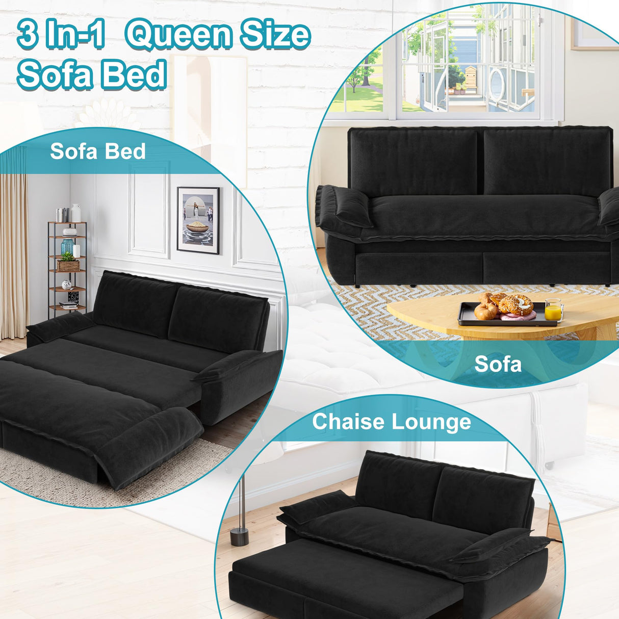 Lyngins 73.2 Inch Queen Size Sleeper Sofa Bed, 3 in 1 Convertible Pull Out Couch Velvet Loveseat Sofa Couch Bed with Pillow for Apartment, Bedroom, Living Room, Black Lyngins