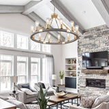 YongMing CL Farmhouse Wagon Wheel Chandelier 31" Gold Wooden Chandelier 12-Light Rustic Pendant Light Fixture for Dining Room Living Room Entryway Foyer YongMing CL