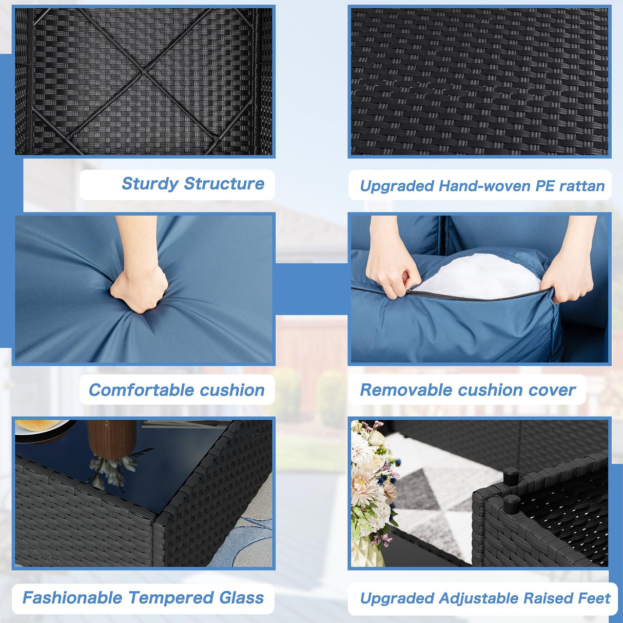 Shintenchi 5 Pieces Outdoor Patio Sectional Sofa Couch, Black PE Wicker Furniture Sets, Patio Conversation Sets with Washable Cushions Glass Coffee Table for Garden, Poolside, Backyard, Aegean Blue Shintenchi