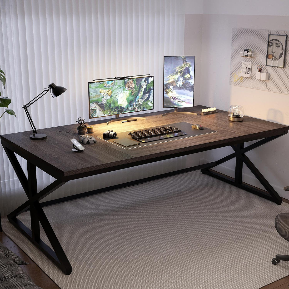 IBF Long Grey Computer Desk, Modern Large Wood Metal Office Desk, Industrial Pc Study Gaming Writing Table for 2 Person, Executive Workstation for Home Bedroom Living Room, Dark Gray, 70 Inch IBF