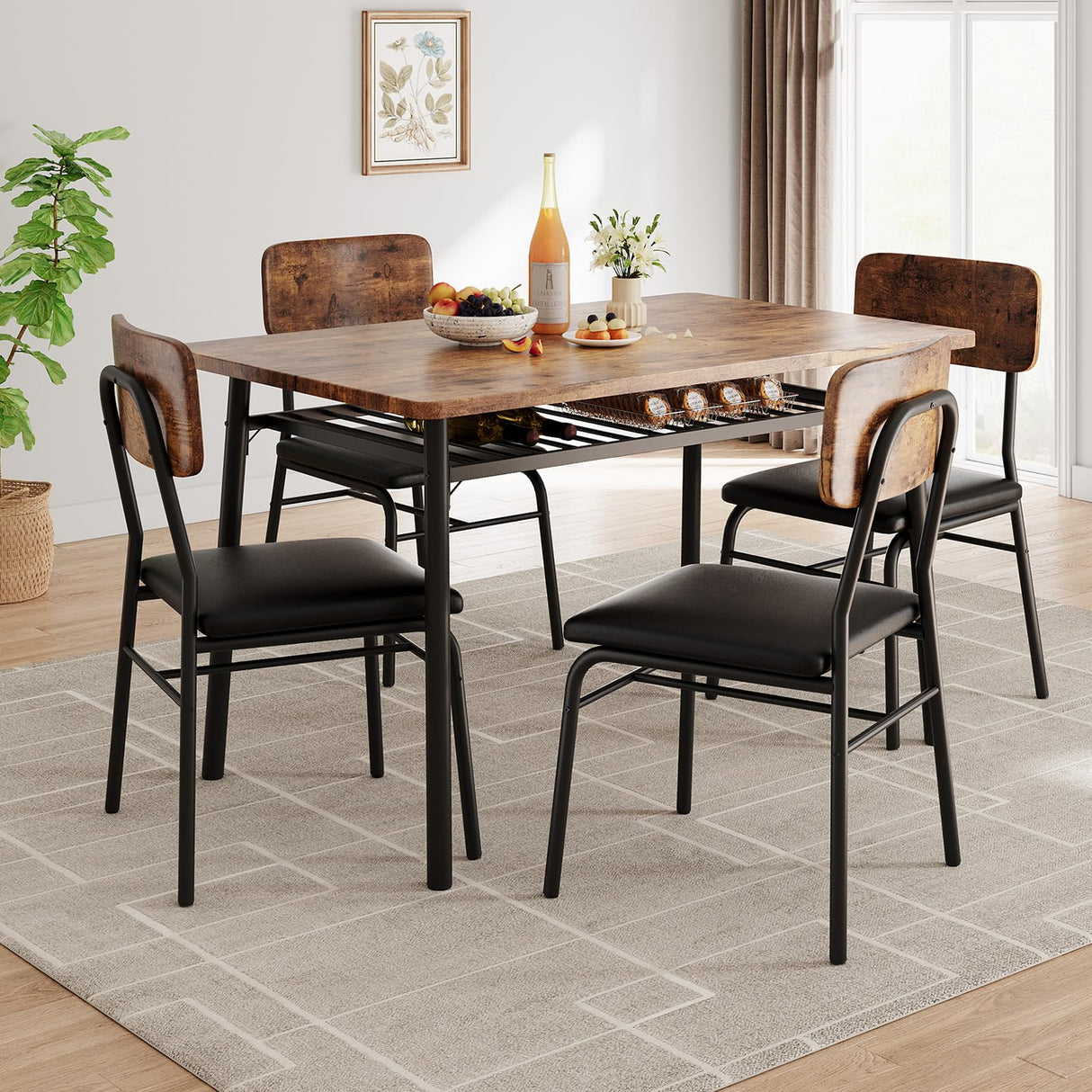 GarveeHome Dining Table Set for 4 with Storage Rack, 5-Piece Kitchen Table and Upholstered Chairs of 4, Wood Tabletop & Heavy-Duty Metel Frame, Dining Room Set for Small Space, Apartment, Brown GarveeHome