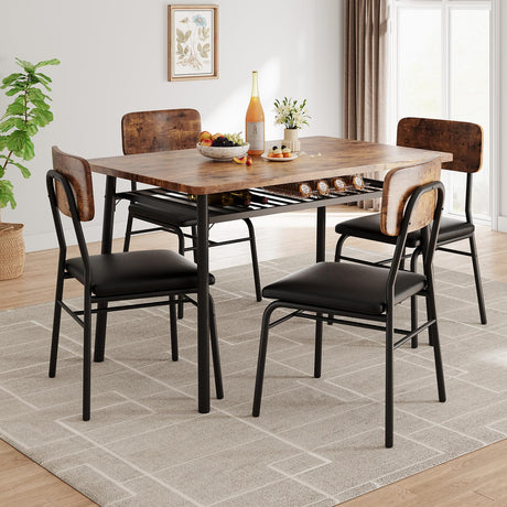 GarveeHome Dining Table Set for 4 with Storage Rack, 5-Piece Kitchen Table and Upholstered Chairs of 4, Wood Tabletop & Heavy-Duty Metel Frame, Dining Room Set for Small Space, Apartment, Brown GarveeHome