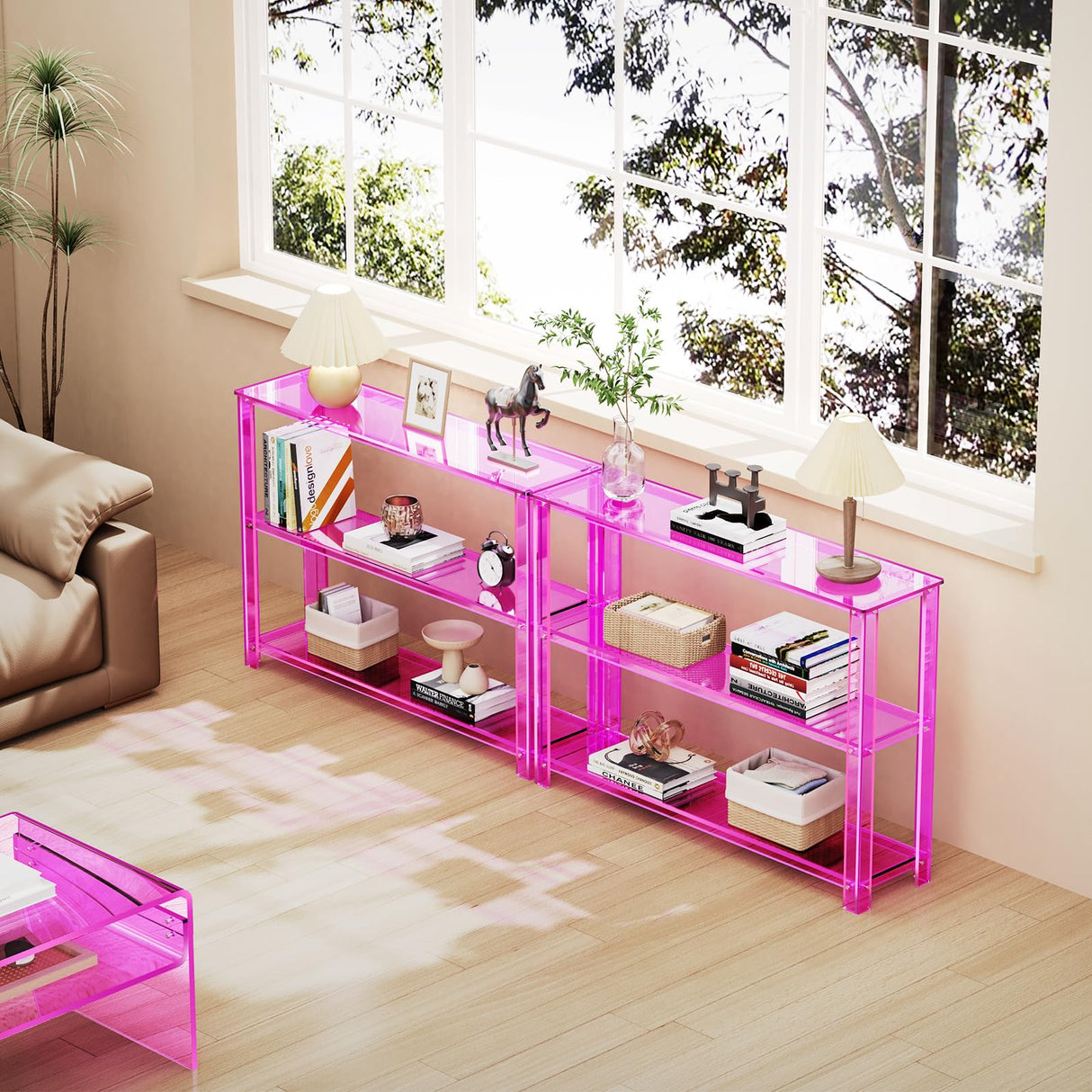 solaround Acrylic Console Table, 3 Tier Entryway Table with Storage Shelves (Pink) solaround