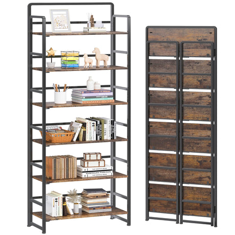 4NM No-Assembly 6 Tiers Folding Bookshelf Storage Shelves Vintage Bookcase Standing Racks Study Organizer Home Office (Rustic Brown and Black) 4NM