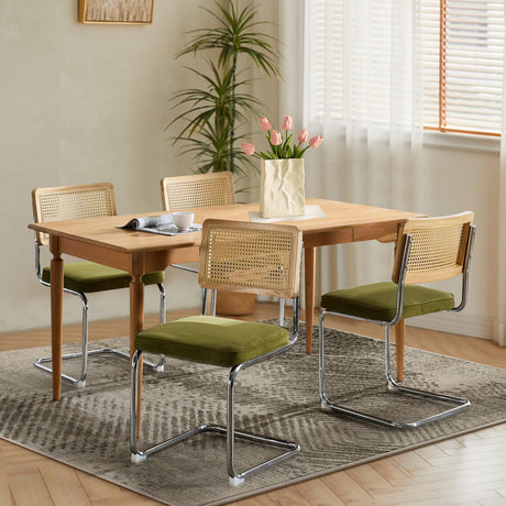 SOARMOTE Rattan Dining Chairs Set of 4,Upholstered Mid-Century Modern Dining Room Chairs with Cane Backrest,Retro Velvet Kitchen Chairs with Stainless Chrome Base,Green SOARMOTE