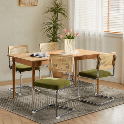 SOARMOTE Rattan Dining Chairs Set of 4,Upholstered Mid-Century Modern Dining Room Chairs with Cane Backrest,Retro Velvet Kitchen Chairs with Stainless Chrome Base,Green