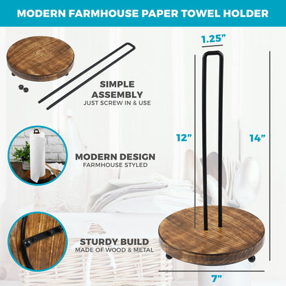 Tribello Modern Farmhouse Paper Towel Holders for Kitchen, Vintage Wire and Wood Countertop Paper Towel Holder