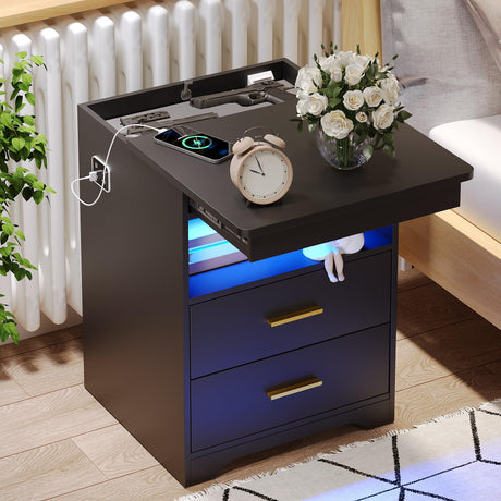 Night Stand with Gun Drawer, Charging Bedside Table with USB & Type-C Port, LED Nightstand with Human Sensor Light, Modern End Table with Drawers for Bedroom Office, Black FREDEES