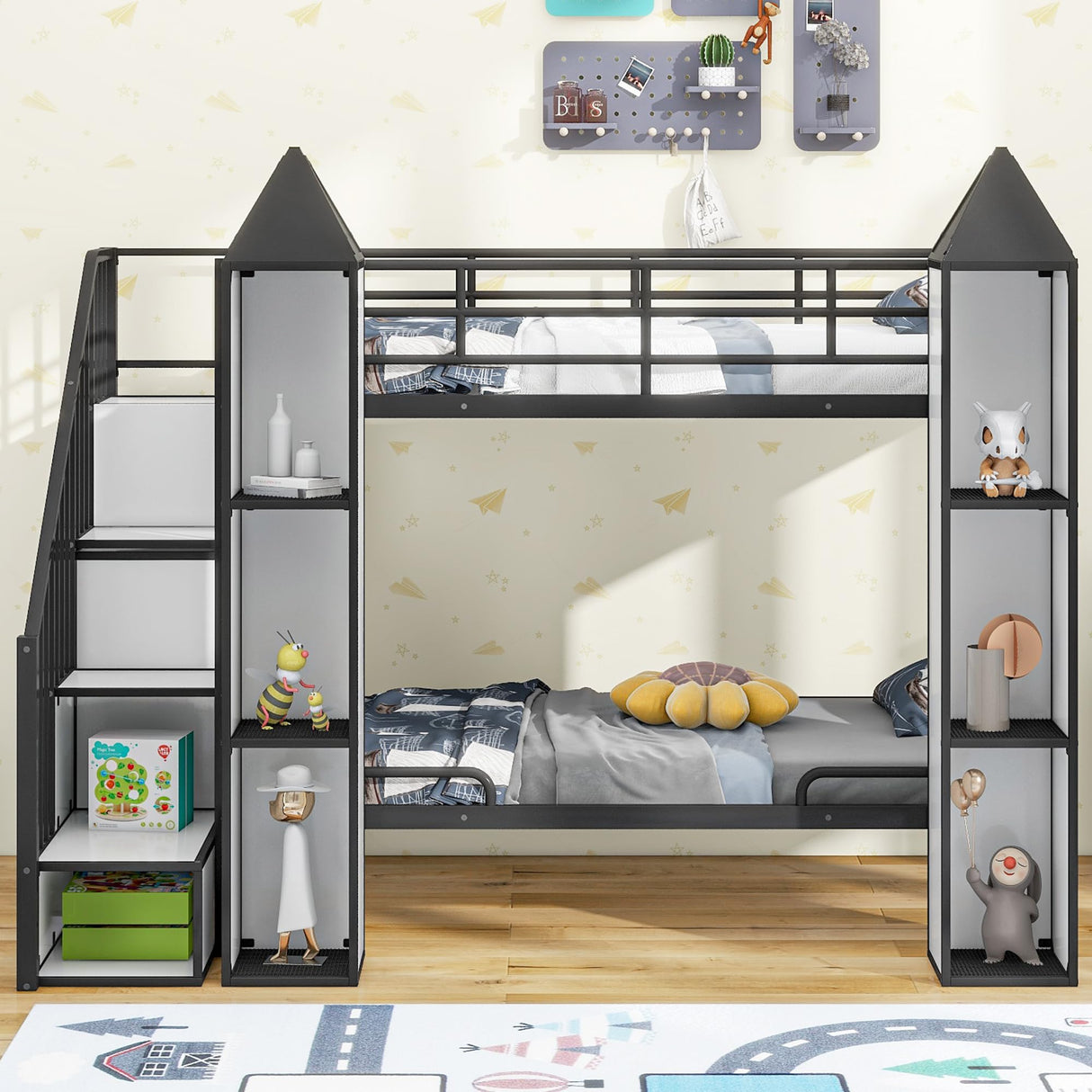 Harper & Bright Designs Twin Over Twin Metal Bunk Bed with Stairs and Storage Wardrobe, Castle-Shaped Bunk Bed Heavy-Duty Steel Frame, Noise Free,for Kids Teens Adults, Black+White Harper & Bright Designs