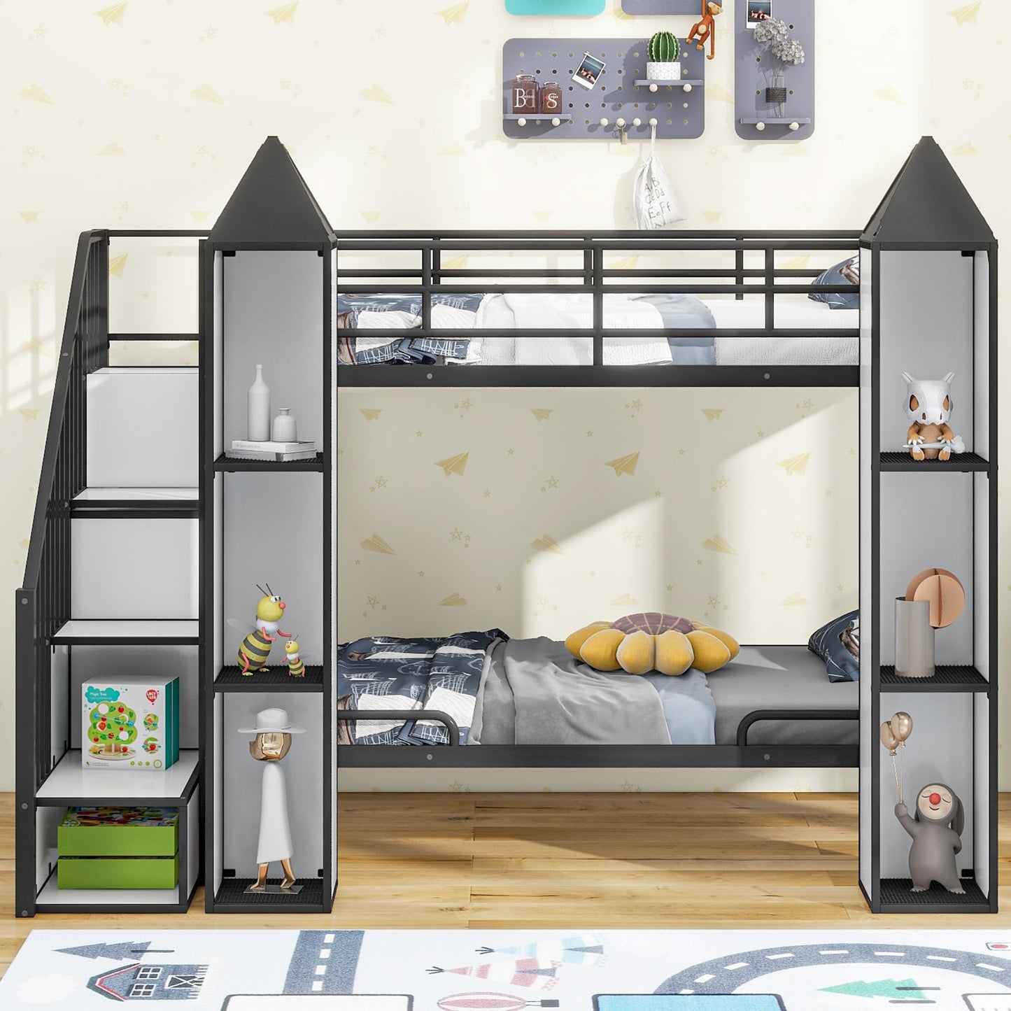 Harper & Bright Designs Twin Over Twin Metal Bunk Bed with Stairs and Storage Wardrobe, Castle-Shaped Bunk Bed Heavy-Duty Steel Frame, Noise Free,for Kids Teens Adults, Black+White