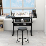 Gaderth Drafting Table w/Stool, Height Adjustable Drawing Table, Multifunctional Art Craft Paintings Work Station w/2 Storage Drawers Artists Desk Tilting Glass Tabletop for Home Office, Black Gaderth