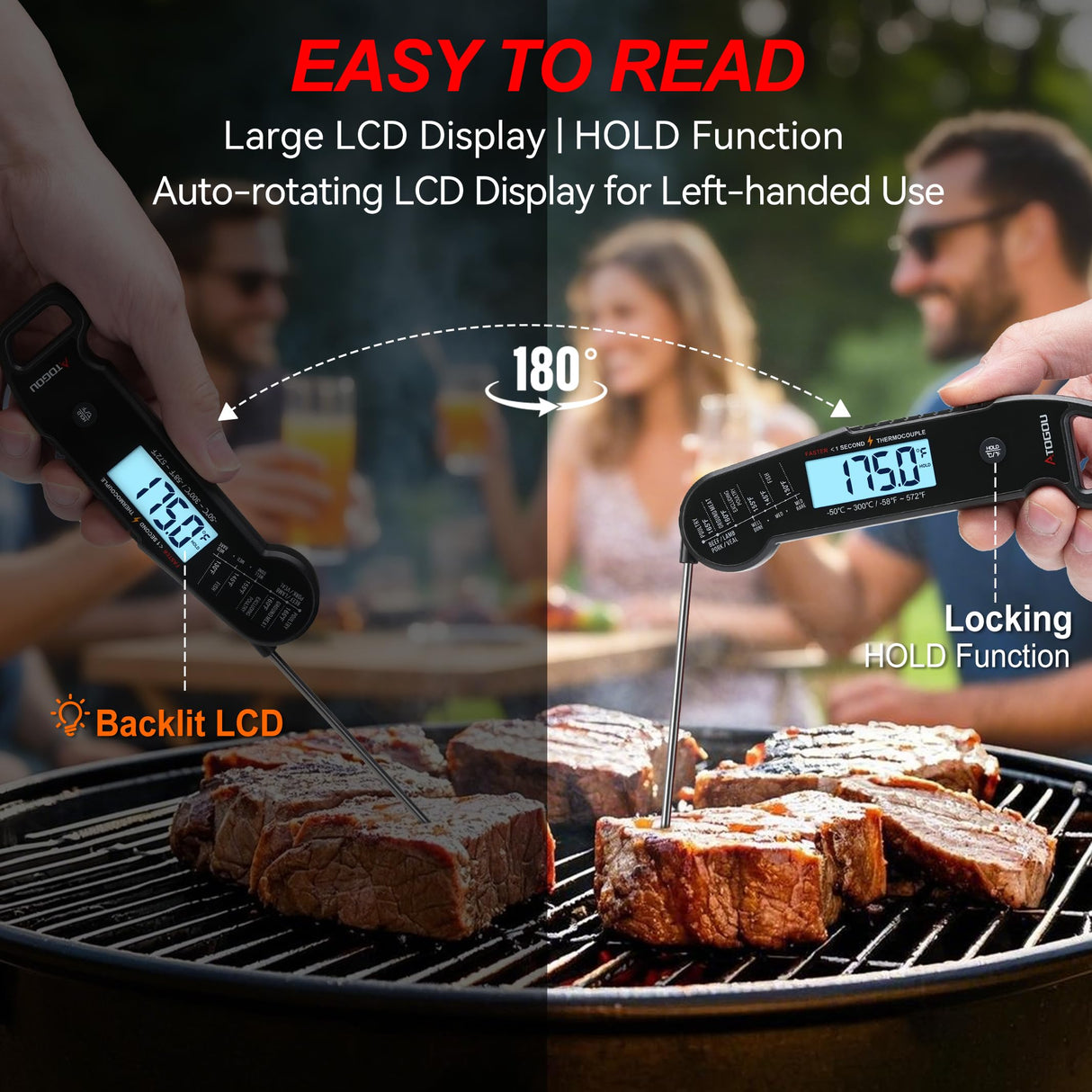 Professional Food & Meat Thermometer, 1 Sec Instant Read & ±0.5℉ Accuracy Driven by Thermocouple Sensor. IP67 Waterproof Digital Thermometer for Cooking, BBQ, Grill Gifts for Men Him Dad Birthday Atogou