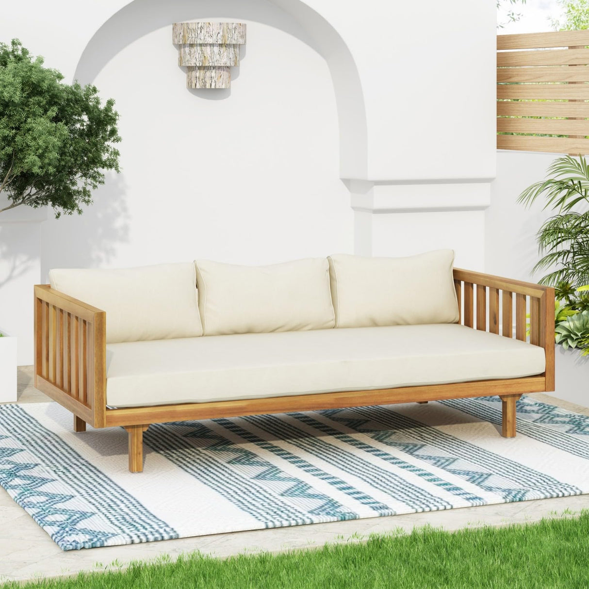 Merax Outdoor Acacia Wood Daybed, 3 Seater Day Bed Couch Sofa with Water Resistant Cushions for Patio Backyard, Garden Furniture, Beige Merax