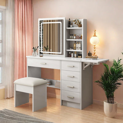 Runboll Stylish Vanity Desk with Mirror and Lights, White Dressing Table Set with Chair, 5 Drawers & Open Shelves, Adjustable 3-Color LED Lighting, Perfect for Bedroom Makeup