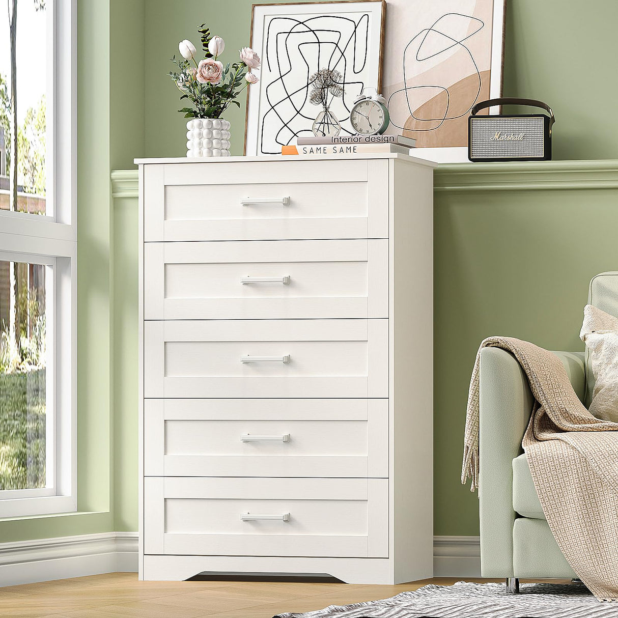 Welfuturer White 5 Drawer Wood Dresser for Bedroom Modern Wooden Chest of Drawers Storage Cabinet and Organizer Drawers for Closet, Nursery, Entryway, Girls Room, Kids Room, Hallway, Living Room Welfuturer