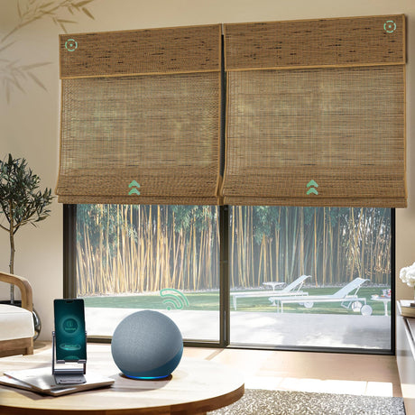Yoolax Motorized Bamboo Roman Blinds with Remote, Roman Shades for Indoor Windows, Smart Blinds with Voice Control, Compatible with Alexa Google Home, APP Control, Custom Size, Bamboo Brown Yoolax