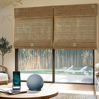 Yoolax Motorized Bamboo Roman Blinds with Remote, Roman Shades for Indoor Windows, Smart Blinds with Voice Control, Compatible with Alexa Google Home, APP Control, Custom Size, Bamboo Brown