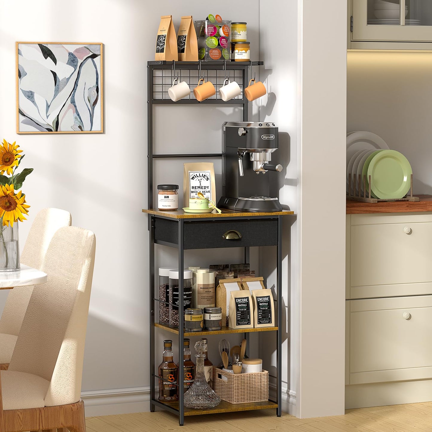 5 Tier Coffee Bar Station with Drawer, Coffee Stand with 4 S-Shaped Hooks, Farmhouse Corner Coffee Bar Cabinet for Small Spaces, Bakers Rack for Kitchen, Living Room, 13.43"D x 18.93"W x 53.31"H