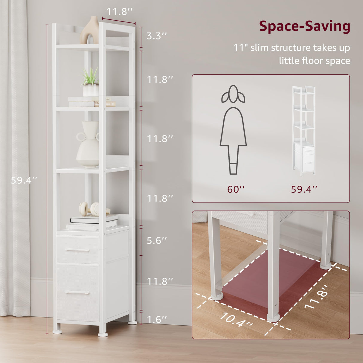 KLUVIS White Narrow Bookshelf with Storage Drawers - 5 Tier Thin Book Shelf for Small Spaces Skinny Shelves Slim Farmhouse 2 Fabric Drawer 60 inch Tall (03W) KLUVIS