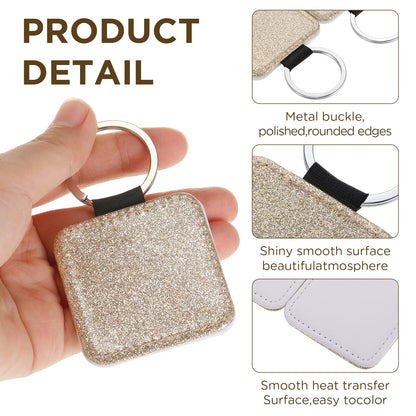 Equsion 16 Pcs Sublimation Blanks Keychain Glitter PU Leather Keychain Heat Transfer Keyring for DIY Crafts Making (Square)